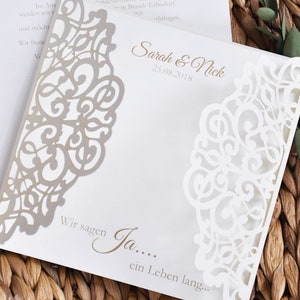 Einladungskarten Hochzeit - LASERCUT SPITZE - edle Hochzeitseinladung - Vintage Spitze weiß