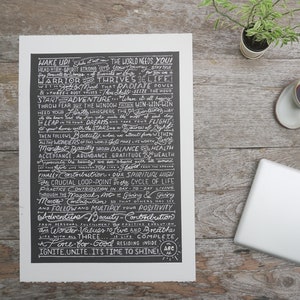 ABC-houtprint (een unieke, originele levensfilosofie. Hart geschreven, handgetekend, handgesneden, met de hand gedrukt. Gesigneerd.