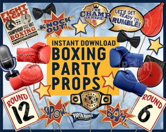 Boxing Photo Booth Party Props - Boxer Gloves Ring Bell Stars Round Rocky Fight Creed Heavyweight Champ Champion Knock Out Rumble Fighter