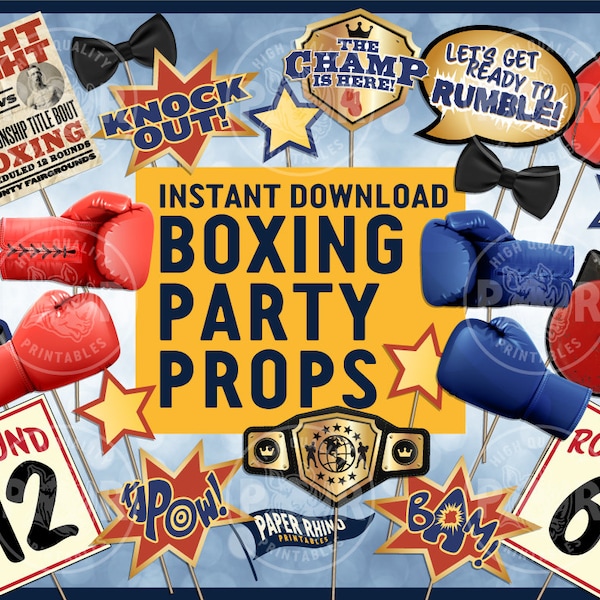 Boxing Photo Booth Party Props - Boxer Gloves Ring Bell Stars Round Rocky Fight Creed Heavyweight Champ Champion Knock Out Rumble Fighter