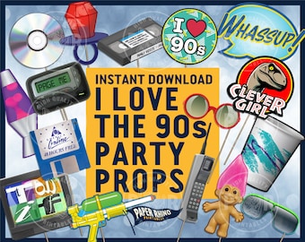 I Love the 90s Photo Booth Party Props - Decoration 1990s Decor 30th Birthday Vintage Retro TGIF AOL Super Soaker VHS Pager Dinosaur Troll