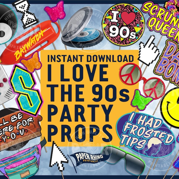 I Love the 90s Photo Booth Party Props - Decoration 1990s Decor 30th Birthday Vintage Retro Yin Yang Smiley Butterfly Clips Scrunchy Fanny