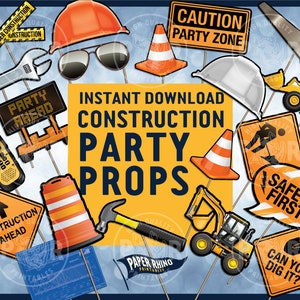 Bau Foto Booth Party Requisiten - Werkzeuge Sicherheit Ausgraben Vorsicht Bauen Bauplan Cone Autobahn Bauarbeiterhelm Hammer Säge Bulldozer Geburtstag