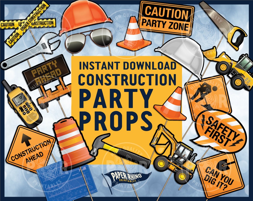 Construction Photo Booth Party Props Tools Safety Dig Caution Build Blueprint Cone Highway Hardhat Wrench Hammer Saw