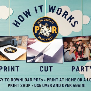 May include: A graphic showing the steps to use a printable product: print, cut, and party. The image includes a printer, scissors, and a group of people at a photo booth. The text reads "How it Works" and "High Quality Printables".