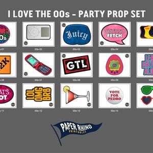 May include: A collection of party props with various designs and text, including "I Love the 00s," "Juicy," "That's So Fetch," and "Vote for Pedro." The props feature a variety of colors and shapes, perfect for a themed party.