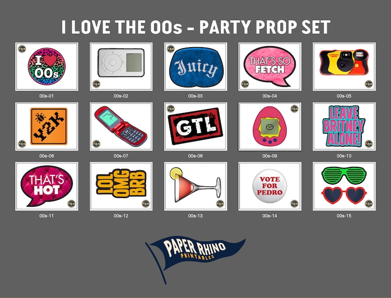 May include: A collection of party props with various designs and text, including "I Love the 00s," "Juicy," "That's So Fetch," and "Vote for Pedro." The props feature a variety of colors and shapes, perfect for a themed party.