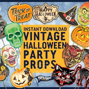 Vintage Halloween Photo Booth Party Props - Masks Black Cat Devil Skeleton Pumpkin Jack-o-lantern Clown Trick or Treat Happy Witch Monster