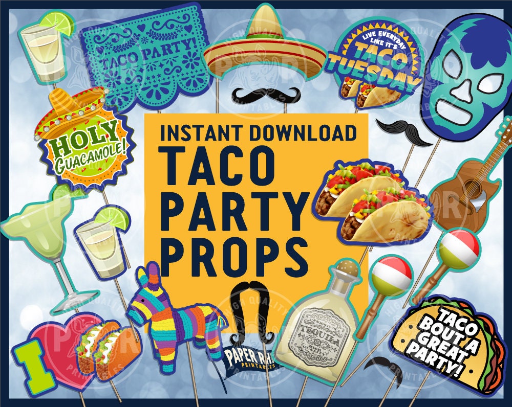 Taco Party Photo Booth Props Fiesta Mexican Food Spanish Tuesday Holy Guacamole Lucha Libre Tequila Piata Guitar El Mariachi