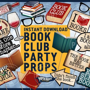 Book Club Photo Booth Party Props - Wine Friends Reading Chapter Eat Sleep Books Book Worm Nerd I Love Books Girl&#39;s Night Literary Novel Fun