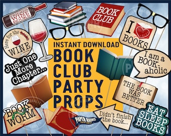 Book Club Photo Booth Party Props - Wine Friends Reading Chapter Eat Sleep Books Book Worm Nerd I Love Books Girl's Night Literary Novel Fun