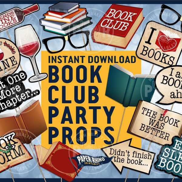 Book Club Photo Booth Party Props - Wine Friends Reading Chapter Eat Sleep Books Book Worm Nerd I Love Books Girl's Night Literary Novel Fun