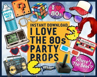 Könnte beinhalten: Ein Set mit 12 druckbaren Fotobooth-Requisiten für eine 80er-Jahre-Party. Die Requisiten beinhalten einen Rubik's Cube, ein Kassettenband, eine Boombox, eine 3D-Brille, eine Herz-Sonnenbrille, einen Videospiel-Controller, eine Sprühdose, einen Computermonitor, einen Pac-Man-Charakter, einen Hut, eine Perücke und ein Schild mit der Aufschrift "Where's the Beef?"