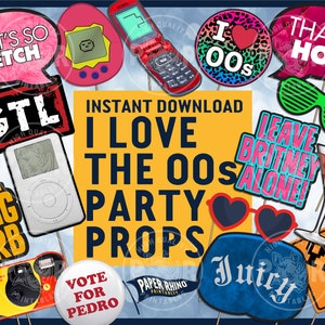 I Love the 00s Photo Booth Party Props - Decoration 2000s Decor 21st Birthday Vintage Retro Britney Y2K Juicy GTL Fetch LOL Millenial Flip
