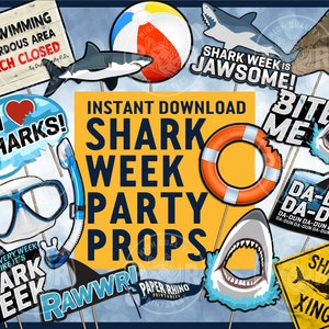 Shark Week Photo Booth Party Props - Decoration Bite Me Jawsome Great White Hammerhead Tiger Beach Water Jaws Tooth Diving Swimming Scuba