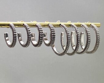 Silver hoop earrings with silver-plated Miyuki glass beads