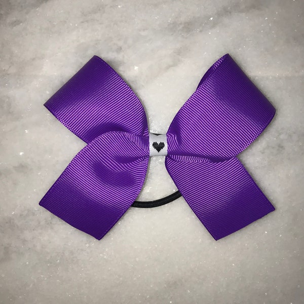 Medium Purple Bow, Black Heart Bow, Elastic Hair Tie, Cheer Bow, Tween, Teen, Toddler, Grape, 4 inch