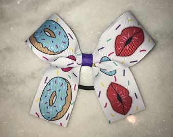 Medium White, Teal Donuts and Red Lips Hair Bow, Donut Bow, Lipstick Bow, Tween, Cheer Bow, Elastic Hair Tie