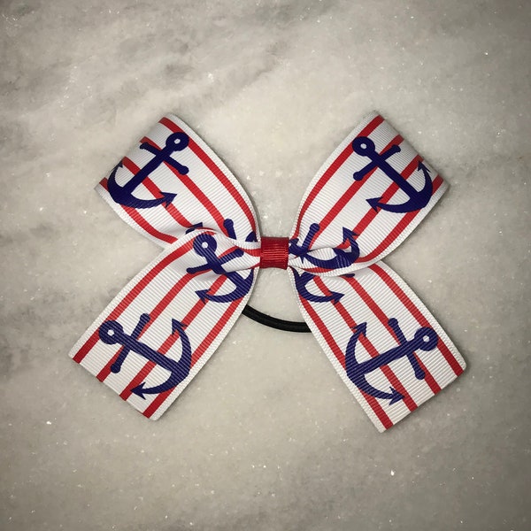 Medium Red White and Blue Anchor Hair Bow, Nautical, Water, Elastic Hair Tie, Cheer Bow, Sailor Bow, Tween, Toddler, Teen