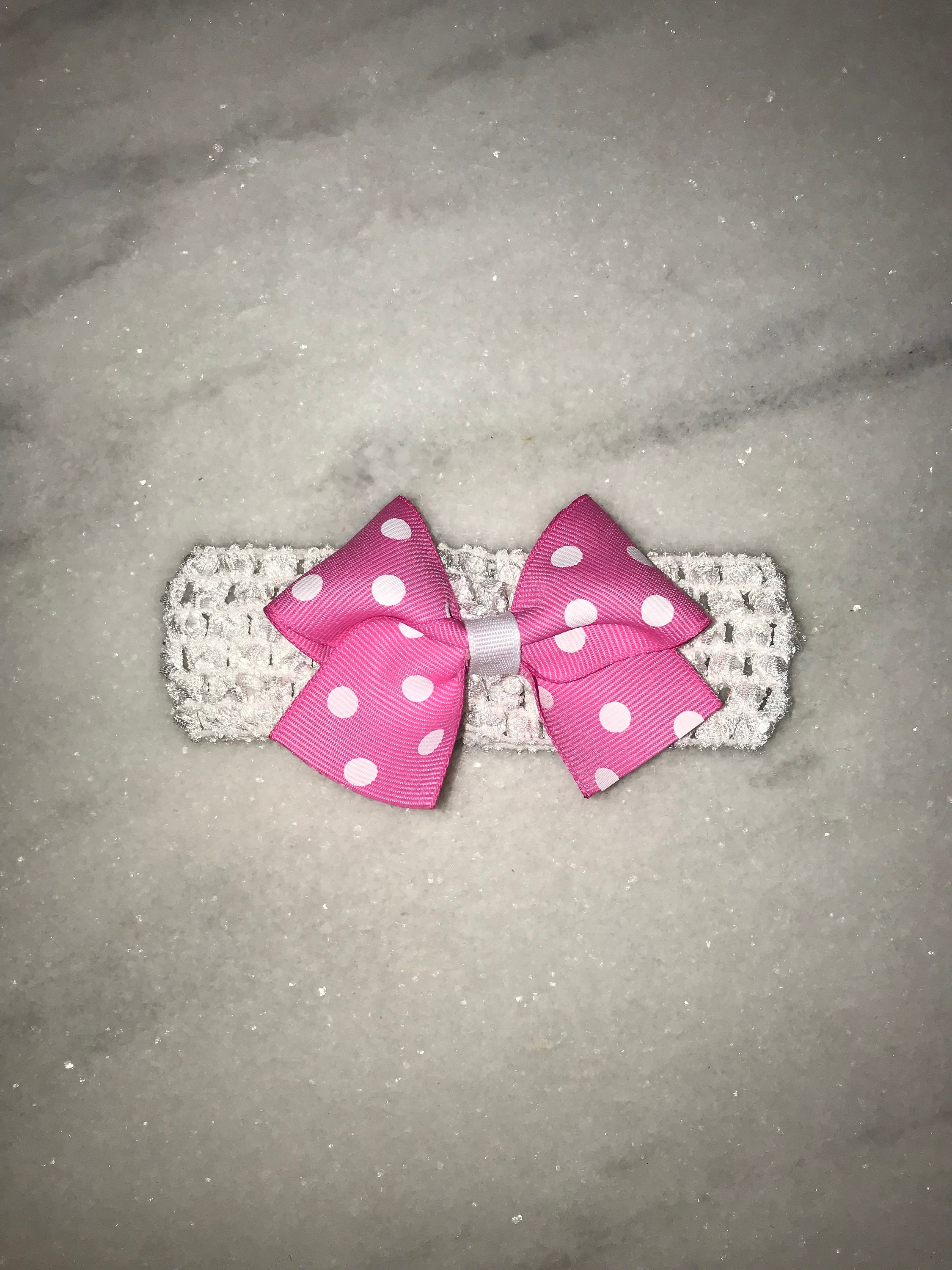 Mini Pink Polka Dot Clip Bow, 1 White Crochet Headband - Etsy