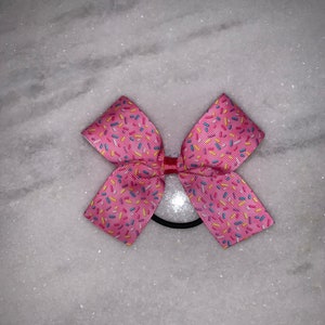 Medium Pink & Rainbow Sprinkles Hair Bow, Elastic Hair Tie, Cheer Bow, Birthday Girl Bow, Donuts, Cupcakes, Cake, 4 inch bow