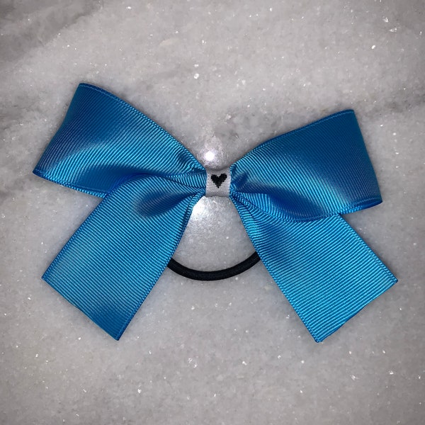Medium Teal Hair Bow w/ Black Heart Center, Elastic Hair Tie, Cheer Bow, Turquoise Bow, Blue Bow, Tween, Teen, Toddler, 4 inch