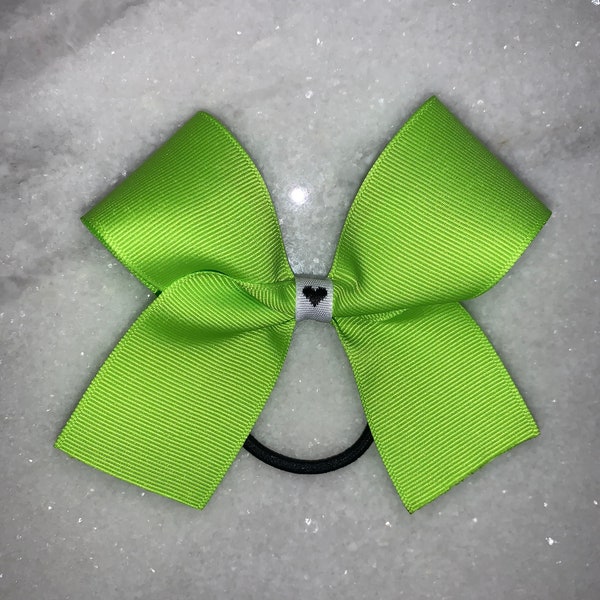 Medium Lime Green Hair Bow, Heart Bow, Elastic Hair Tie, Cheer Bow, Neon Green Bow, Toddler, Tween, Teen, 4 inch