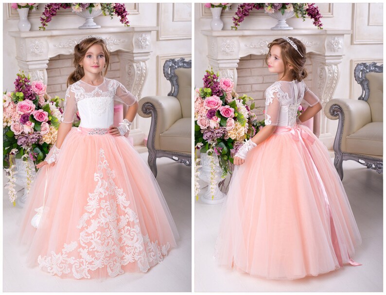 white and peach flower girl dresses