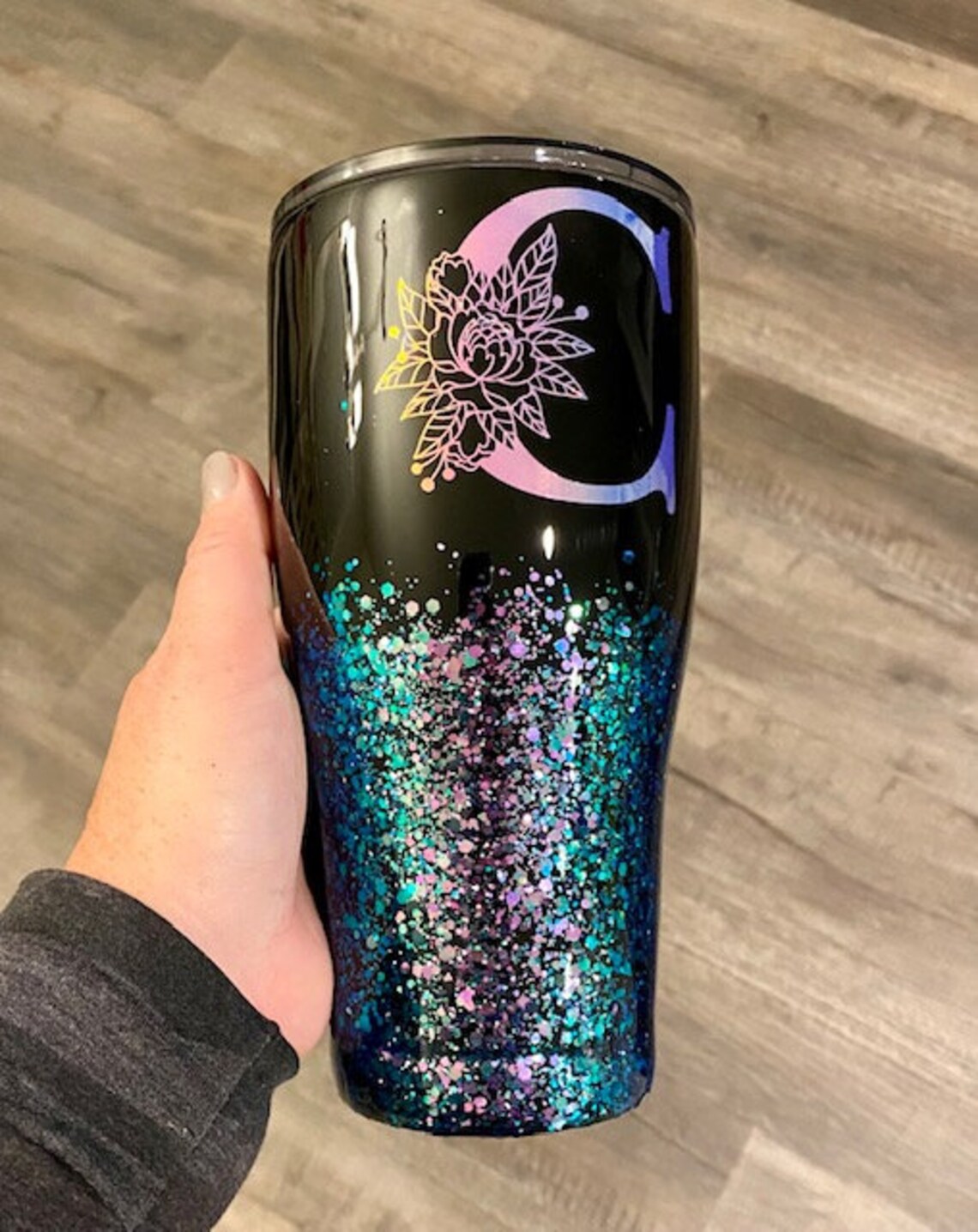 Floral Initial Glitter Tumbler Personalized Tumbler Initial Etsy