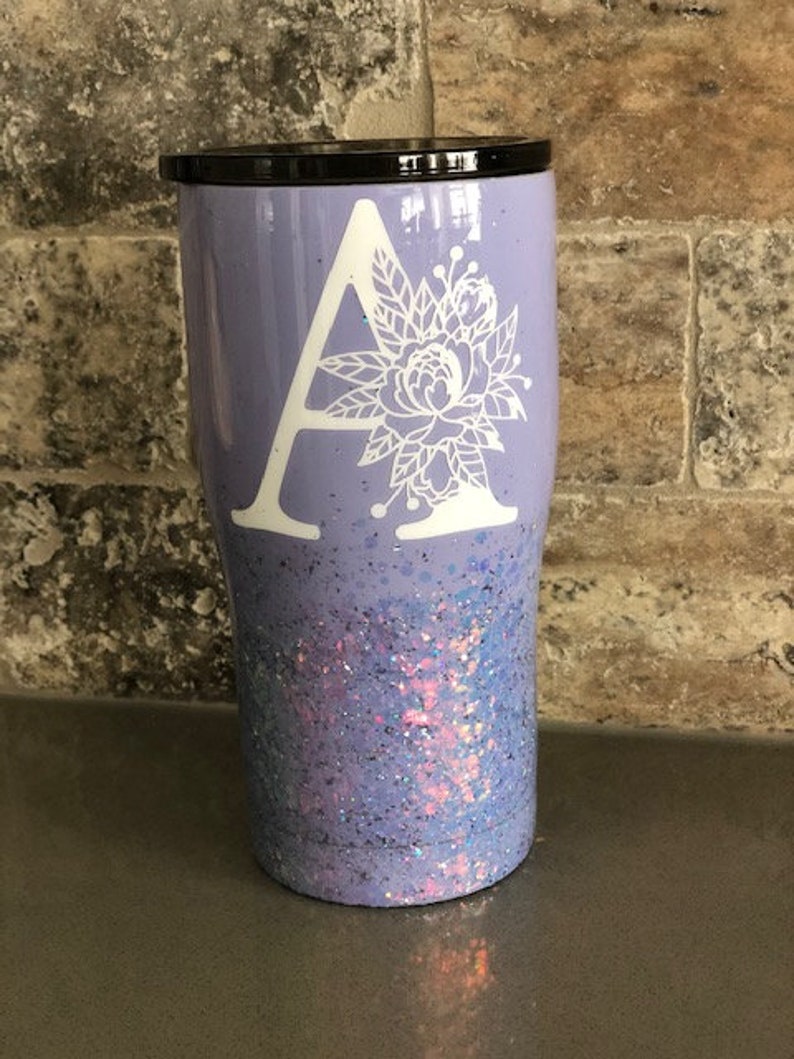 Floral Initial Glitter Tumbler Personalized Tumbler Glitter Etsy
