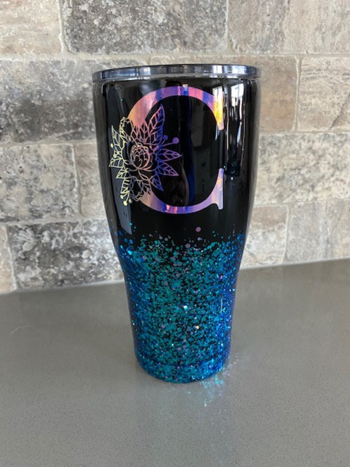 Floral Initial Glitter Tumbler Personalized Tumbler Initial Etsy