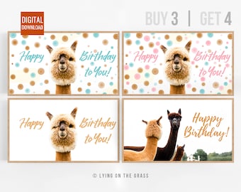 Set of 4 | Happy Birthday Llamas Alpaca Photos Samsung Frame Tv Art Holiday Quote Cute animals Funny colorful banner for girl boy family set