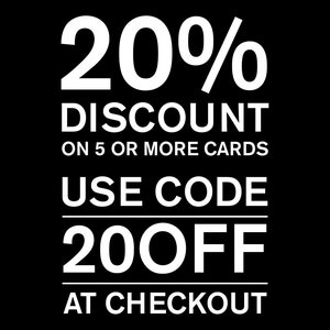 May include: White text on a black background with a 20% discount offer on 5 or more cards. Use code 20OFF at checkout.