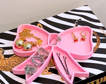 Portagioie a forma di fiocco rosa – Grazioso portaanelli per donna, vassoio portagioie a forma di fiocco, organizer per gioielli kawaii, regalo per lei, decorazione civettuola, stampato in 3D