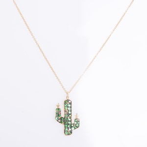 18K Yellow Gold Cactus Pendant – 1.80ct Green Sapphires & 0.30ct Brown Diamond – Handmade Desert-Inspired Fine Jewelry