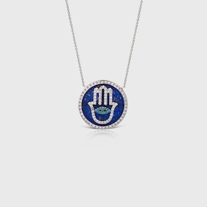 18k White Gold Hamsa Necklace – 1.20ct White Diamond – Blue Lapis Lazuli – Handcrafted Protective Jewelry – Kabbalah Amulet