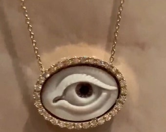 necklace ivory  evil eye 18k handmade white diamond 0.40 ct