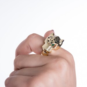 Animal Panther Ring, 18K, handmade, yellow gold, animal-themed ring with two marquise-shaped emeralds.,