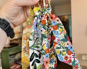 Handmade Bag Scarf Keychain | Floral Purse Charm on Gold Carabiner Clip | Coquette Bow Bag Accessory | Made to Order Keychain Scarf