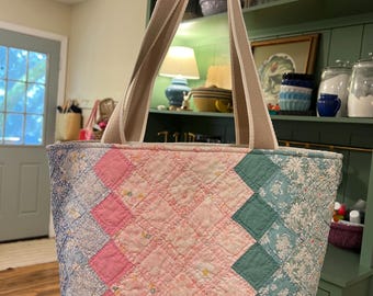 Vintage Quilt Tote Bag • Handmade Upcycled Patchwork Purse • Pink & Blue Floral Quilt Bag • One-of-a-Kind Heirloom Tote • Cottagecore Gift