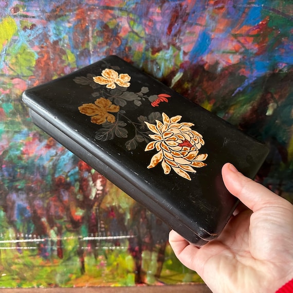 Black Lacquer Painted Flowers Lidded Box Vintage Made in Japan