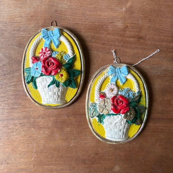 Chalkware Flower Basket Plaques Vintage Set of 2