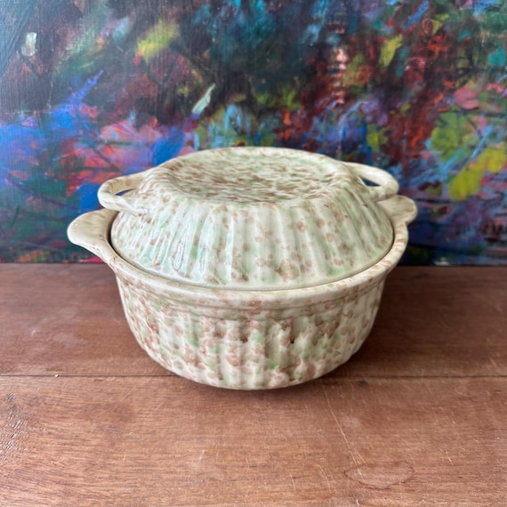 Spongeware Lidded Casserole Dish Vintage Green Brown Cream