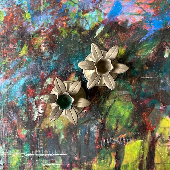 Brass Flower Candlestick Holder Set