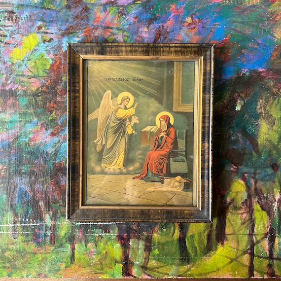 Vintage Greek Icon Annunciation of Mary in Tiger Wood Frame
