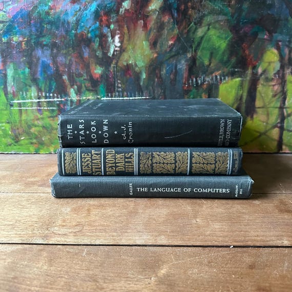 Black Silver & Gold Book Set Vintage The Language of Computers / Beyond Dark Hills / The Stars Look Down