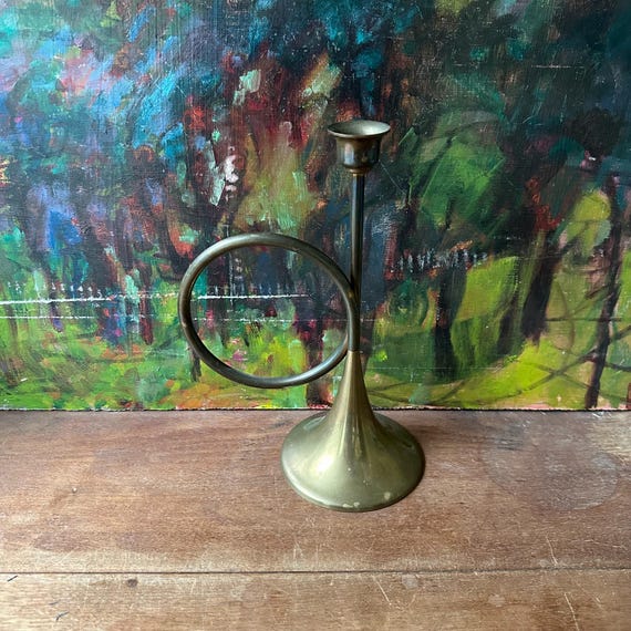 Brass Hunting Horn Candlestick Vintage