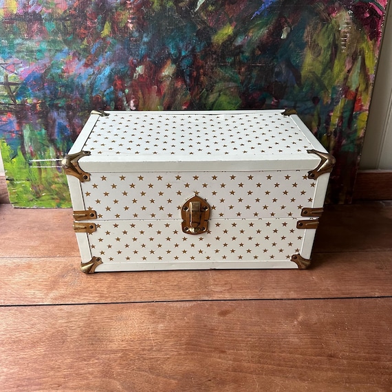 White & Gold Stars Metal Doll Trunk Carrying Case