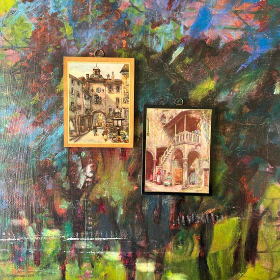 Set of 2 Midcentury Village Prints on Wood