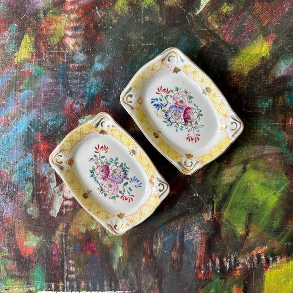 Small Ceramic Floral Trinket Dish Set Vintage Hand Painted Occupied Japan